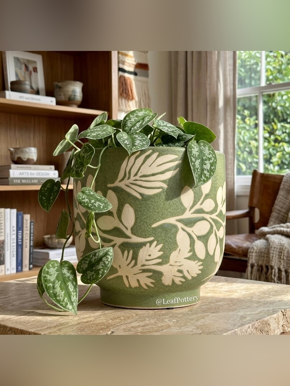 Bohemian Green Ceramic Planter with Drainage Hole - 6 Inch Carved Leaf Flower